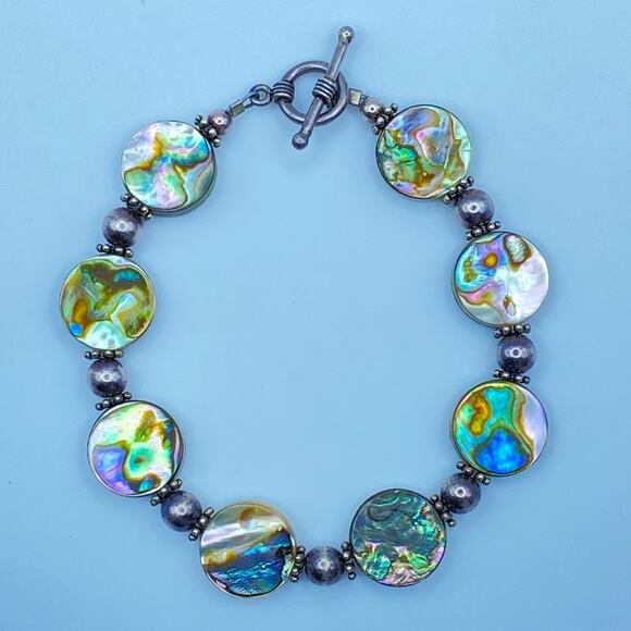 Sterling Silver Mother of Pearl Abalone Bracelet Earrings Jewelry Set - Picture 5 of 10